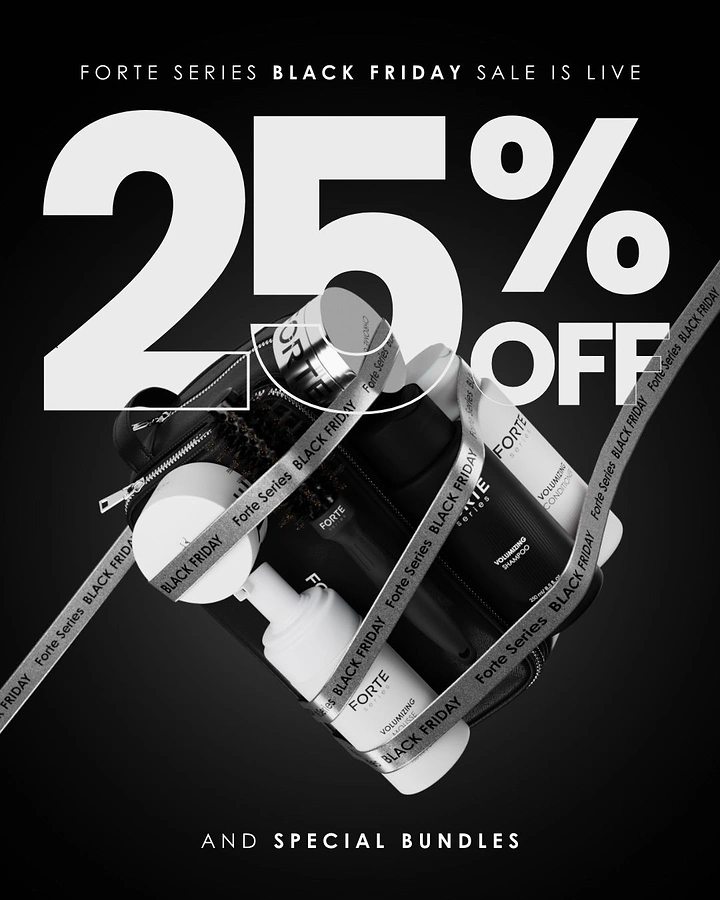 Black Friday creative ad: Haircare product bundle in a black pouch wrapped in branded silver ribbon
