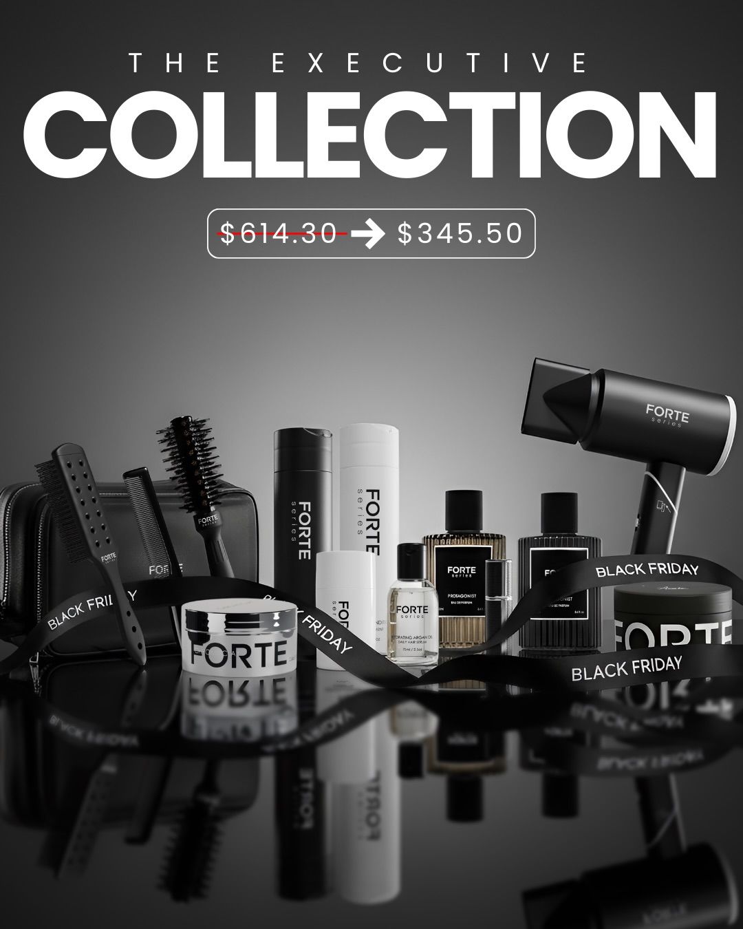 Haircare product bundle in a black pouch wrapped in branded silver ribbon