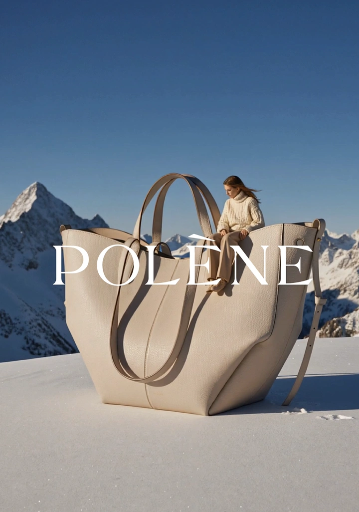Creative ad: Oversized cream leather tote on snow with a model perched on its rim