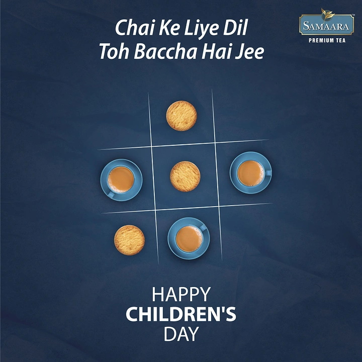 Children's Day creative ad: Tic-tac-toe game played with chai cups and biscuits