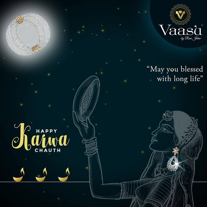 Karwa Chauth creative ad: Sketched woman looking through a sieve at a diamond bangle moon