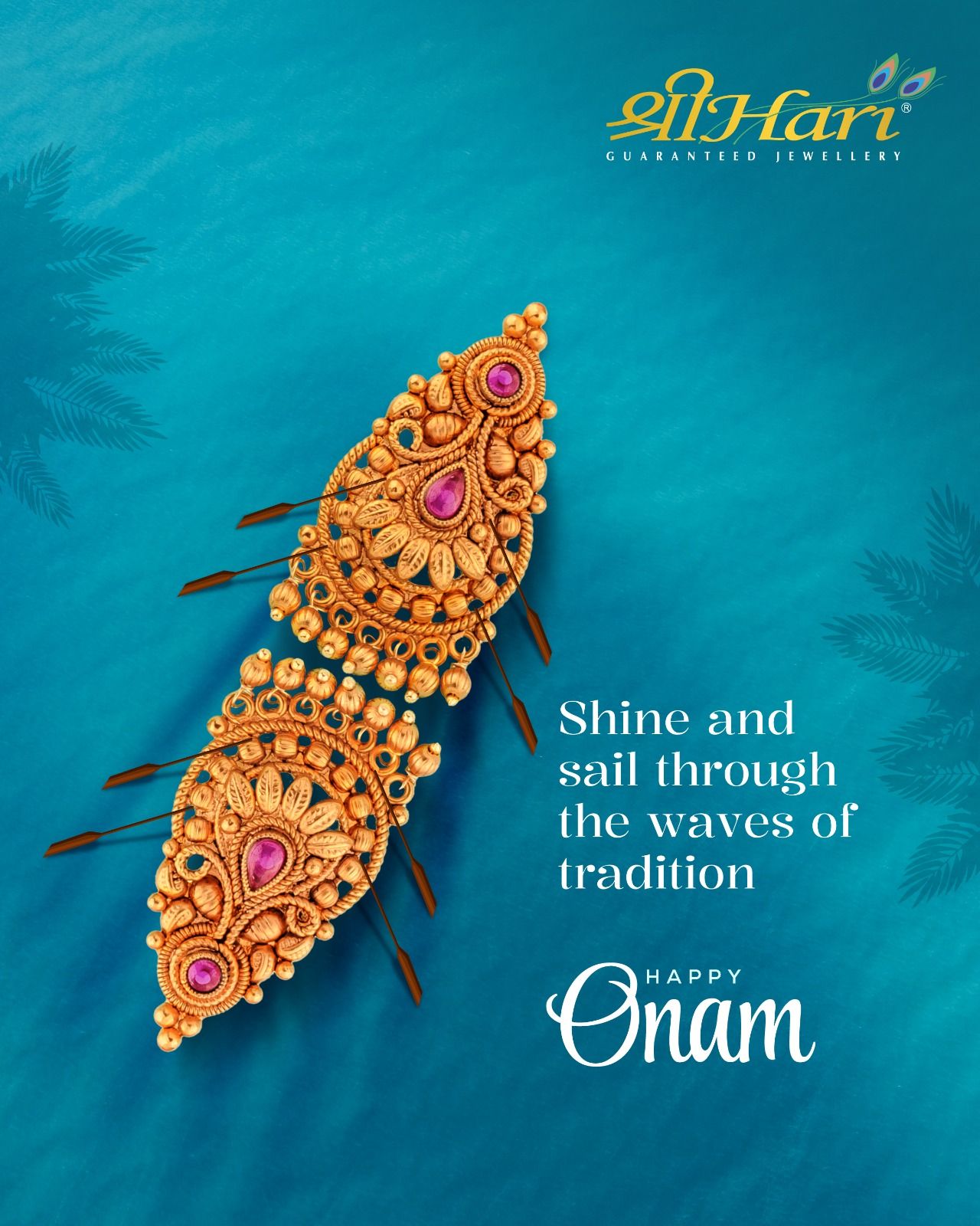 Two gold earrings styled as snake boats with oars on teal water