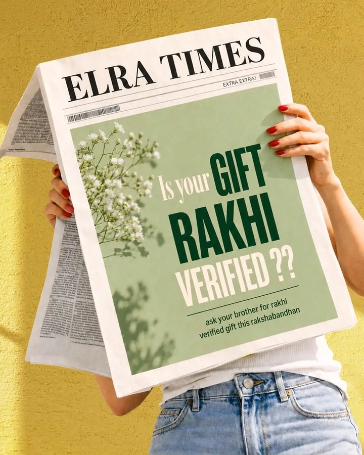 Raksha Bandhan creative ad: Woman holding a mock newspaper in front of her face
