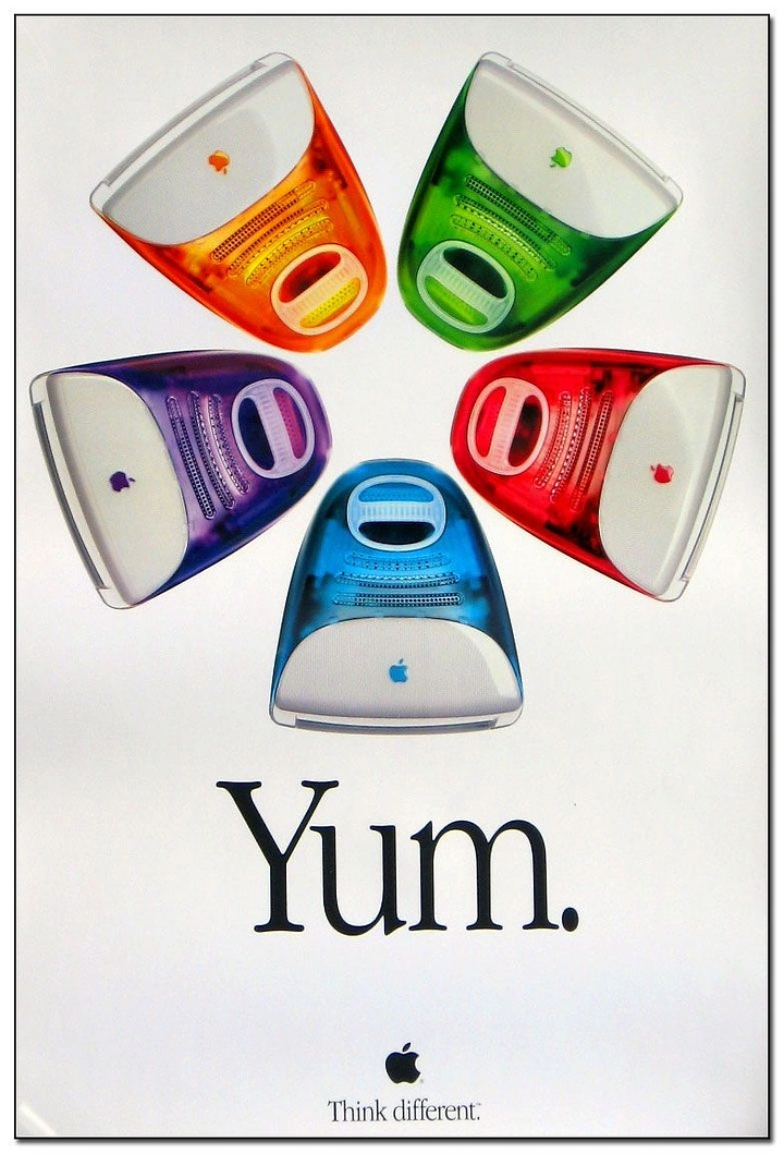 Electronics creative ad: Five translucent colored computers arranged like a flower