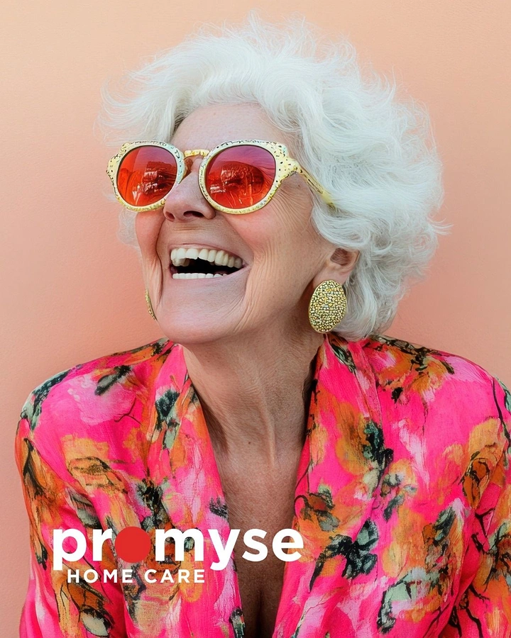 Senior Care creative ad: Bold joyful senior portrait, logo sunglasses dot