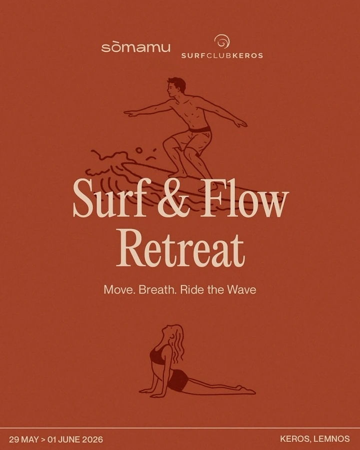 Yoga Studios creative ad: Line-art surfer and yogi pair surf with flow