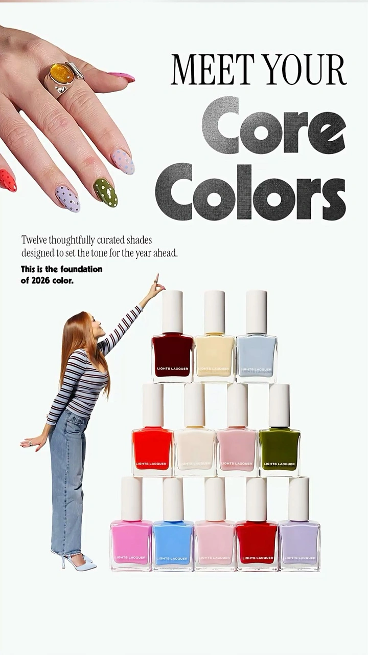 Nail Salons creative ad: Tiny woman climbing giant polish shelf