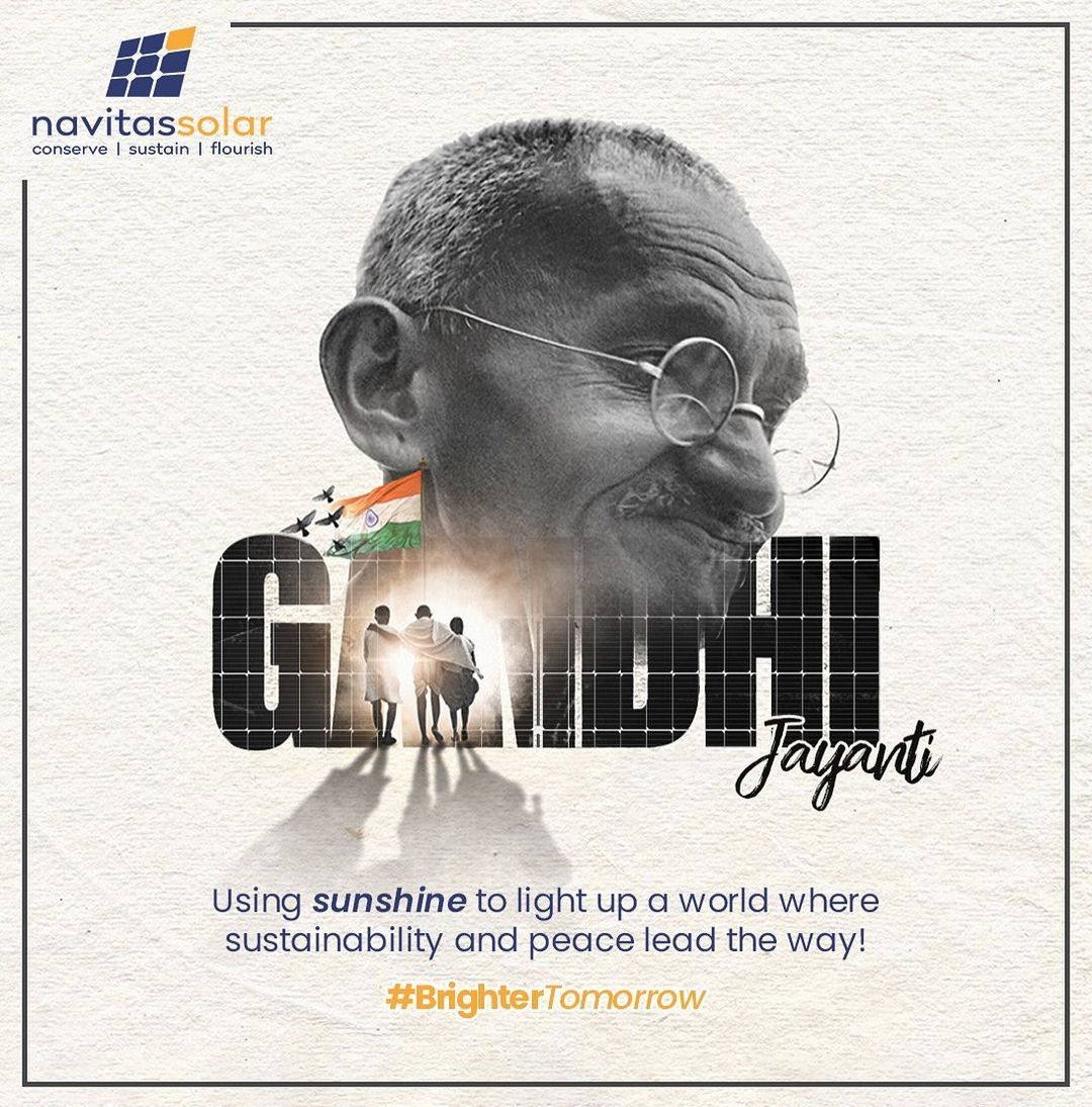 Monochrome Gandhi portrait merged with solar-panel-textured lettering