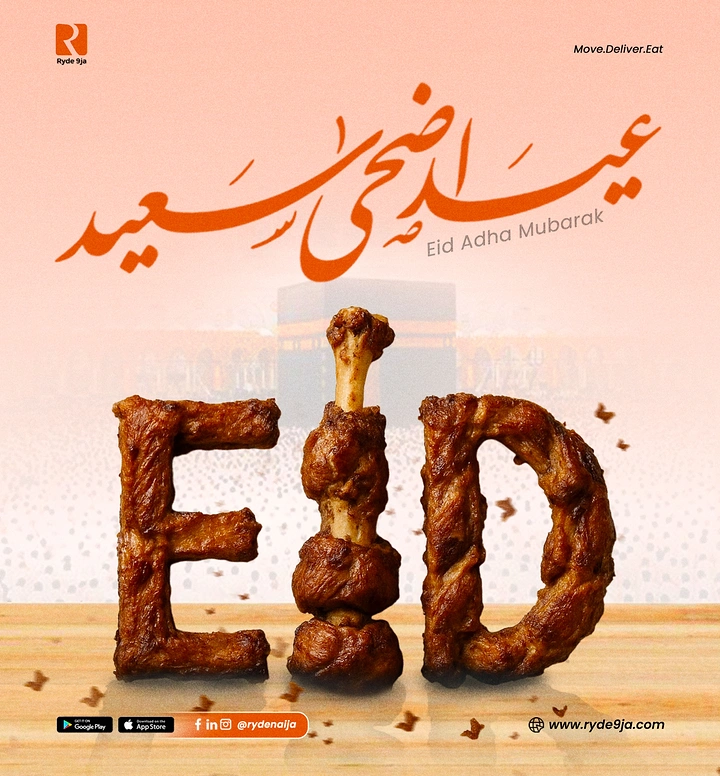 Eid creative ad: The word EID sculpted from grilled meat with a bone as the I