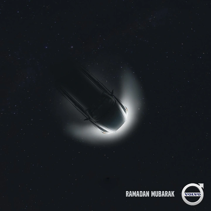 Ramadan creative ad: Top-down car silhouette rim-lit to form a crescent moon