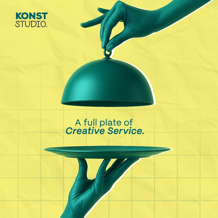 Agency creative ad: Teal hands lifting a cloche above an empty serving plate