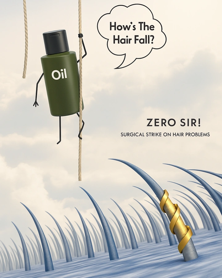Hair Transplant & Hair Clinics creative ad: Oil bottle commando 'surgical strike' pun