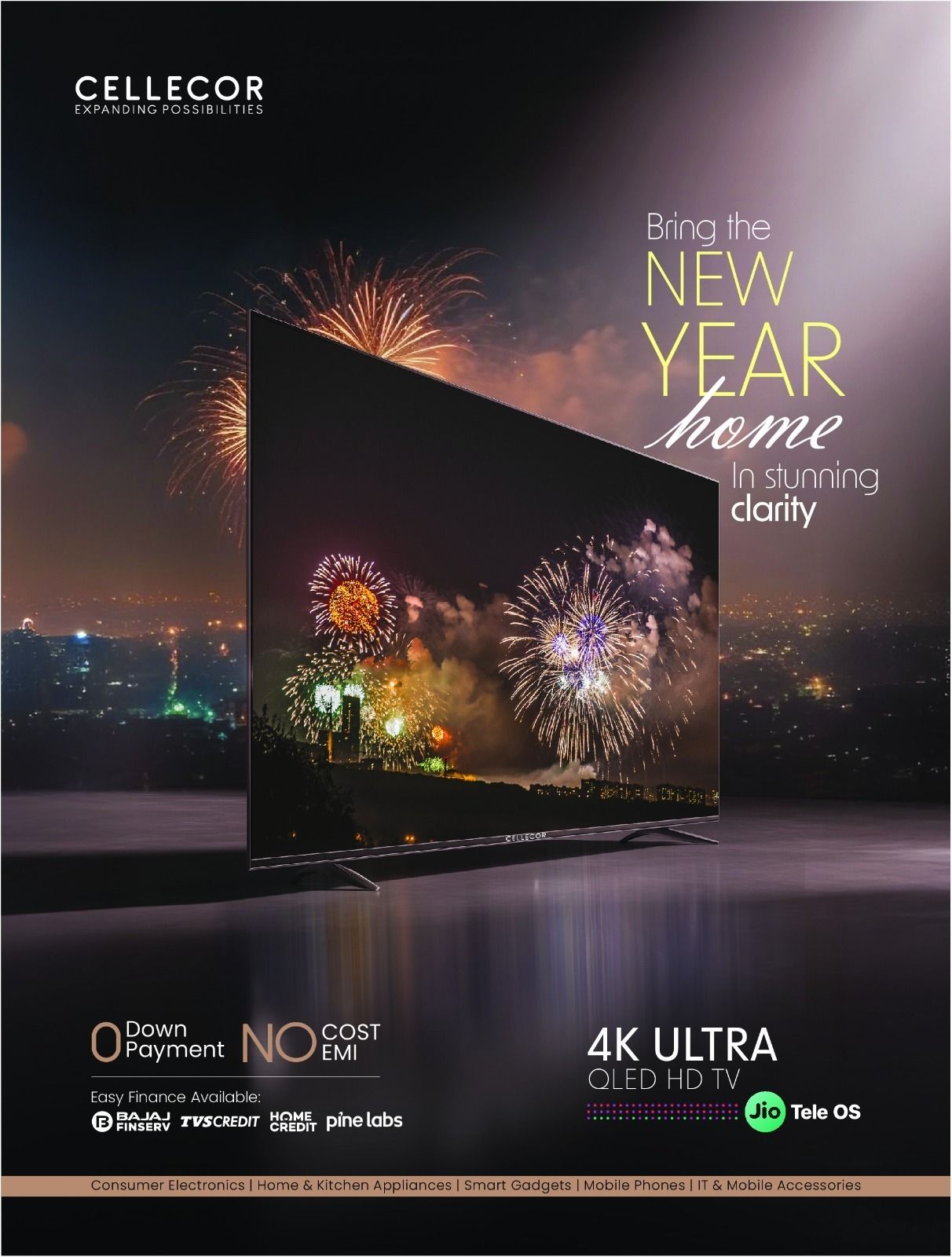 New Year Poster: Frameless QLED TV showing fireworks over a night cityscape