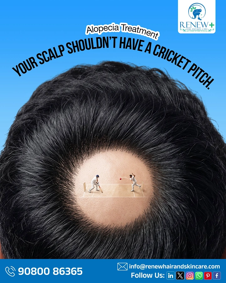 Hair Transplant & Hair Clinics creative ad: Bald spot as cricket pitch pun