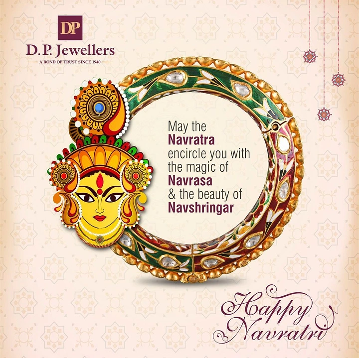 Navratri creative ad: Enamel kundan bangle framing a greeting beside a Durga face