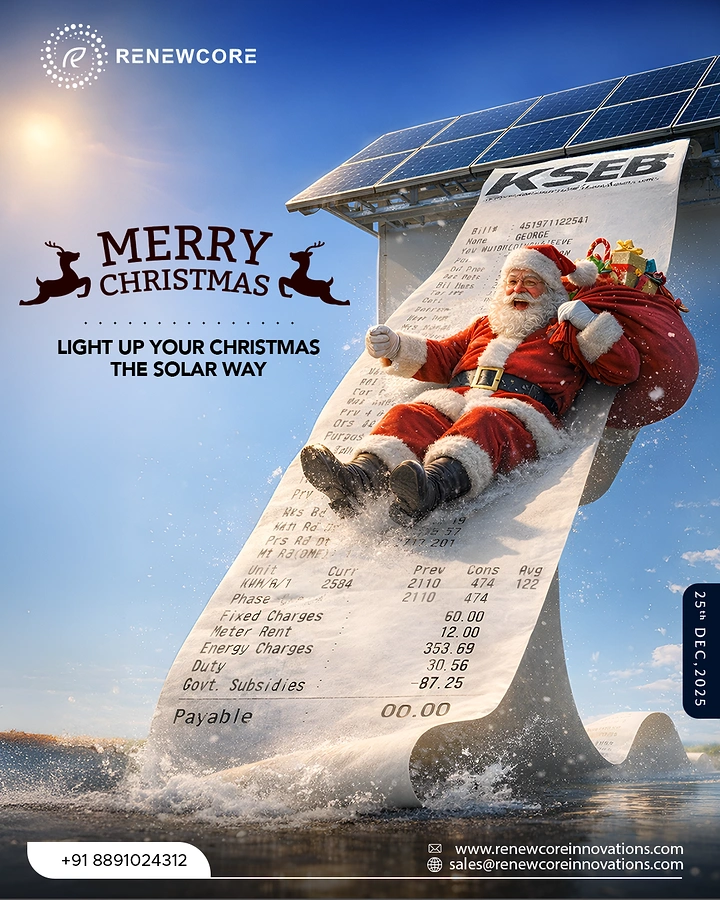 Christmas creative ad: Santa sliding down a giant electricity bill from a solar-panel roof