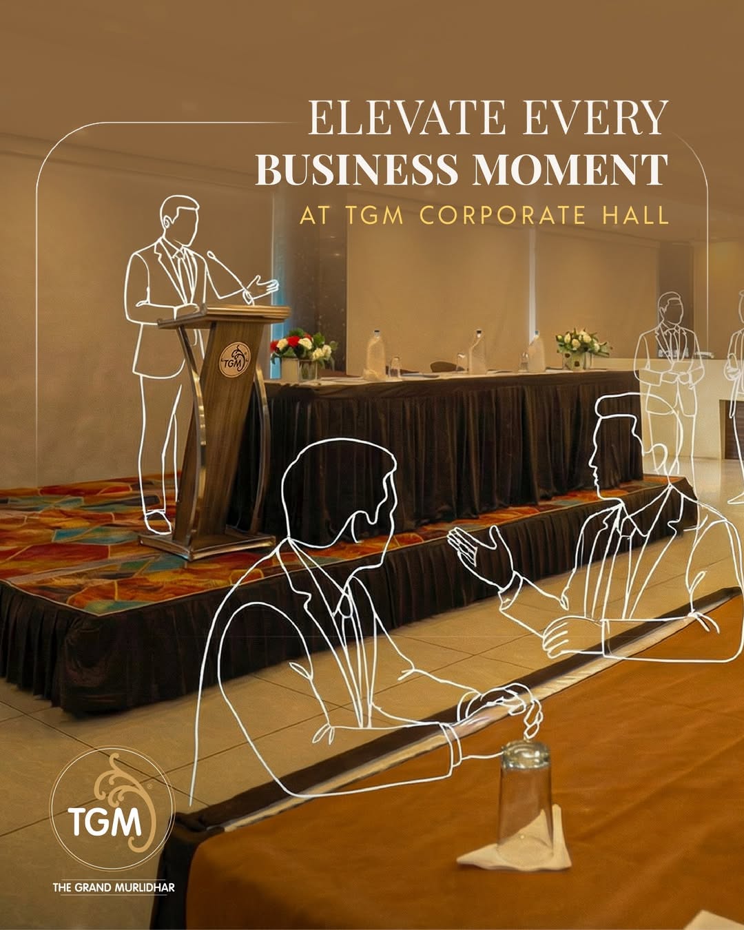 Instagram post: Hotel conference hall stage with white line-drawn businesspeople overlaid