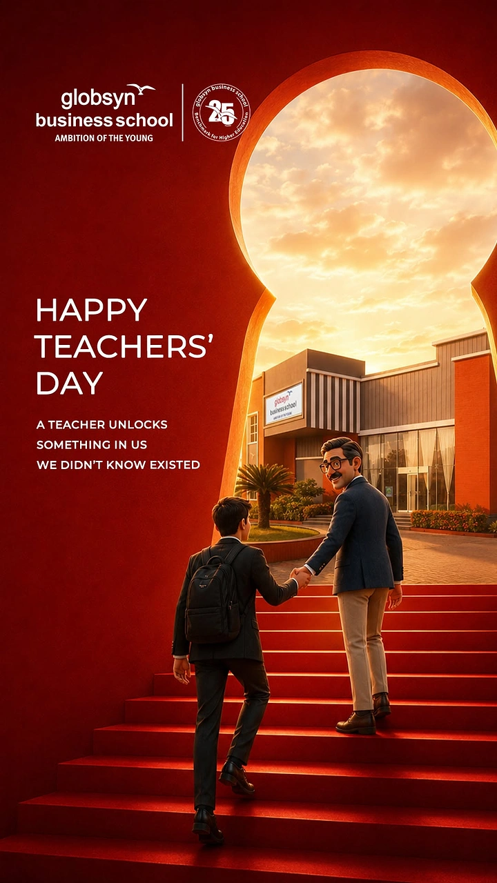 Teachers Day creative ad: Teacher leading student up red stairs through a keyhole toward campus