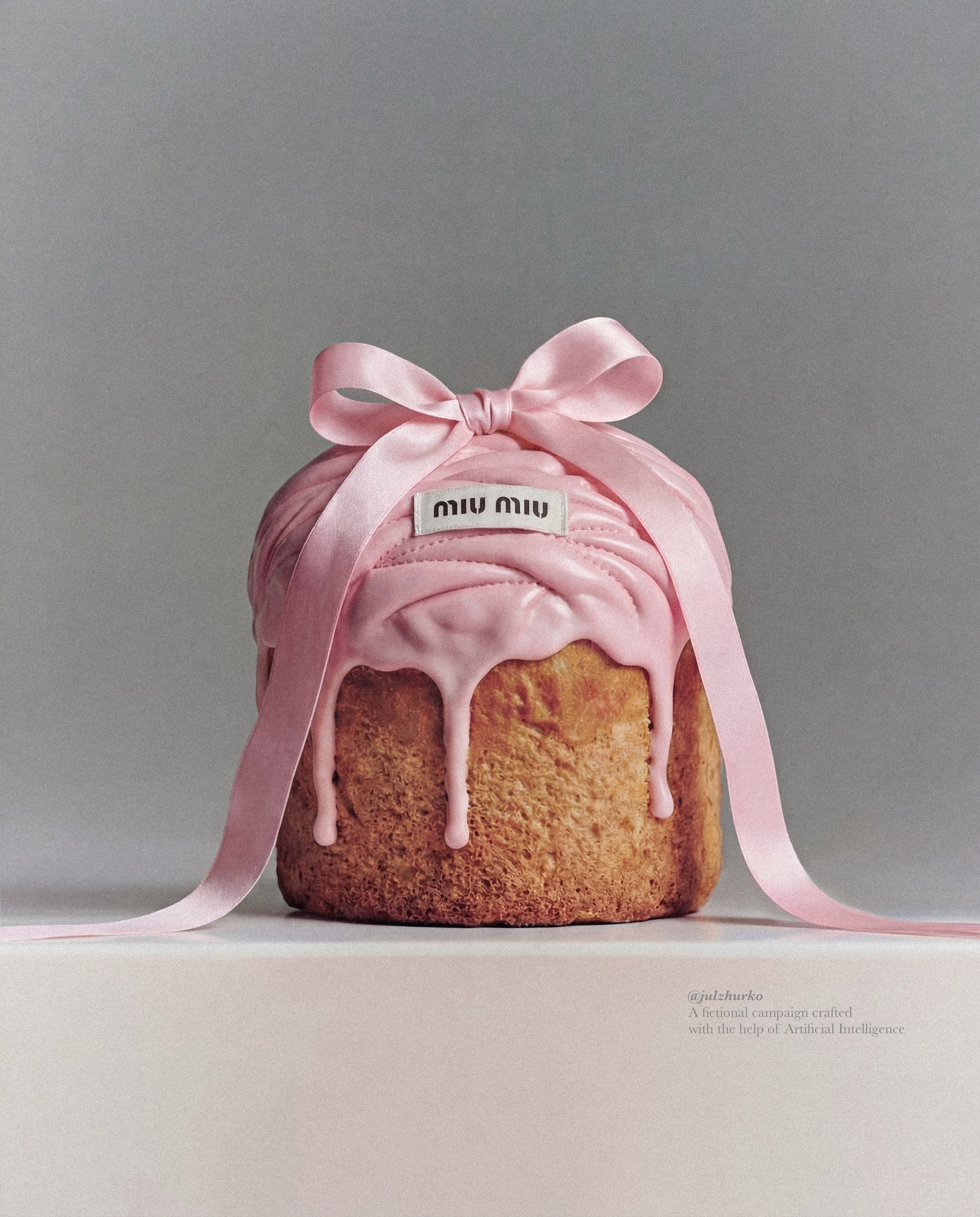 Easter Instagram post: Easter kulich cake with pink icing tied with a satin bow