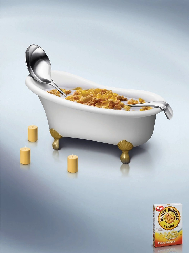 Honey Brands creative ad: Surreal bathtub cereal composition