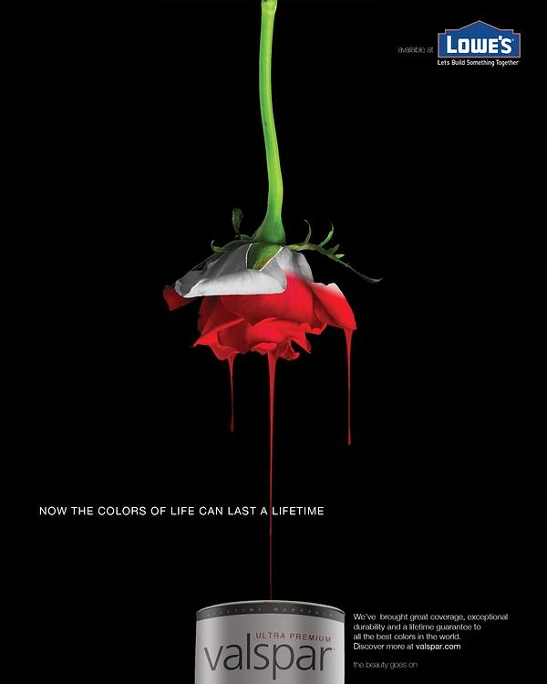 Hardware Stores creative ad: Inverted rose dripping red paint into a paint can