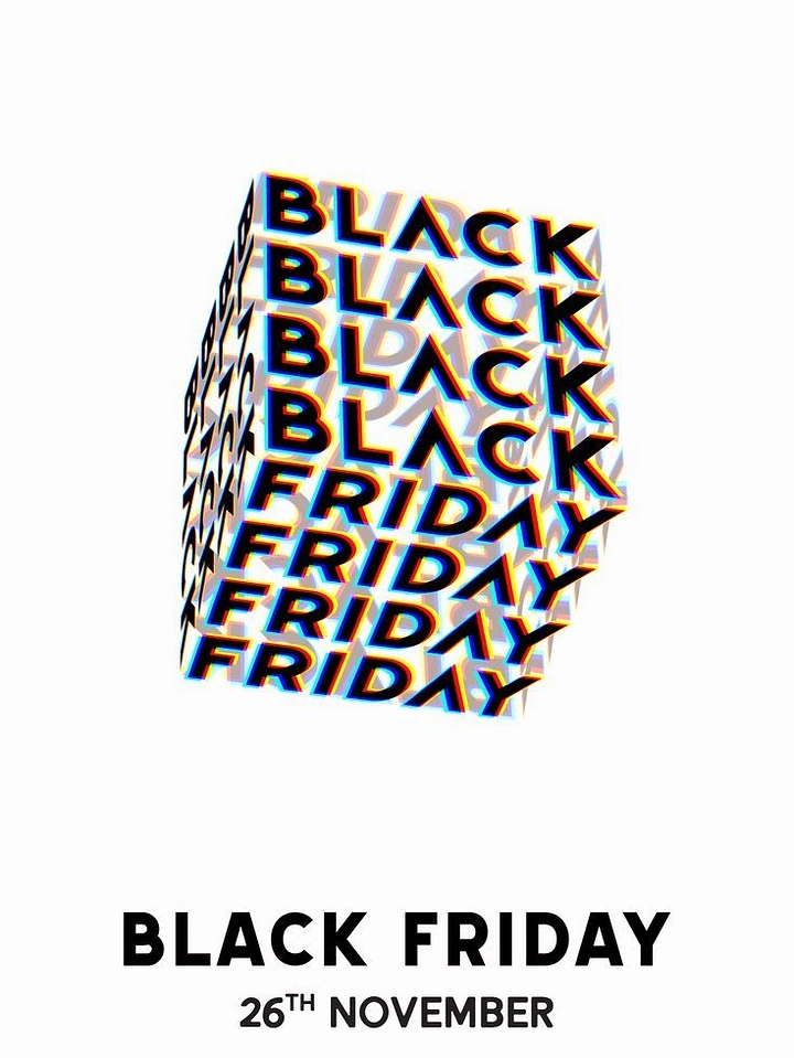 Black Friday creative ad: Tilted 3D cube wrapped in repeated glitch-effect sale text