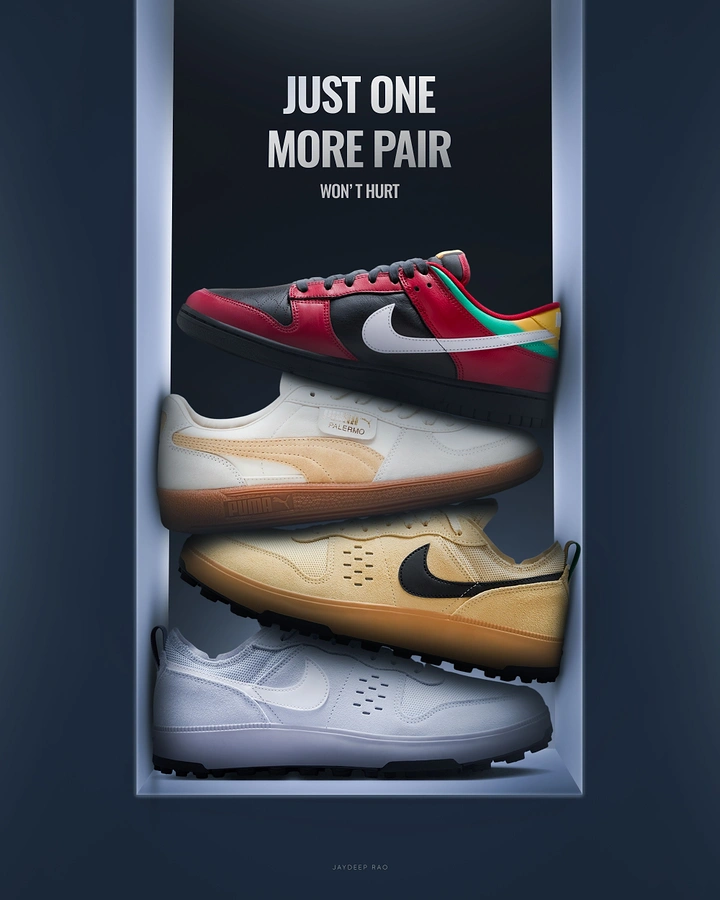 Creative ad: Four sneakers stacked at a tilt inside a lit wall niche