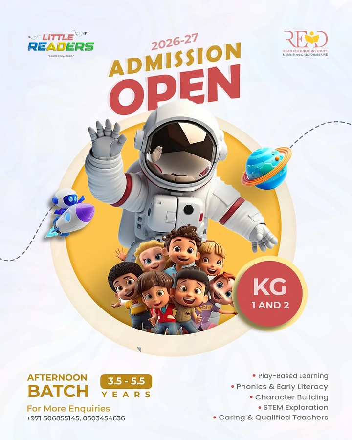Daycare & Preschools creative ad: 3D astronaut waving above a group of cartoon children