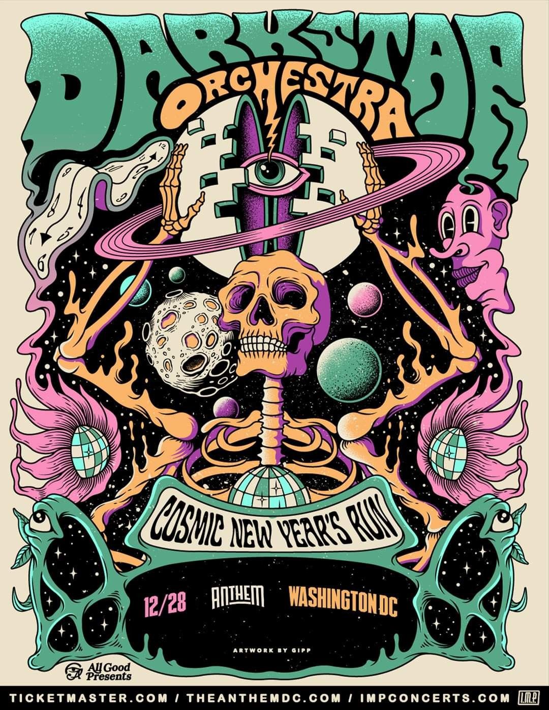 New Year Poster: Skeleton holding a ringed planet with an eye in a cosmic scene