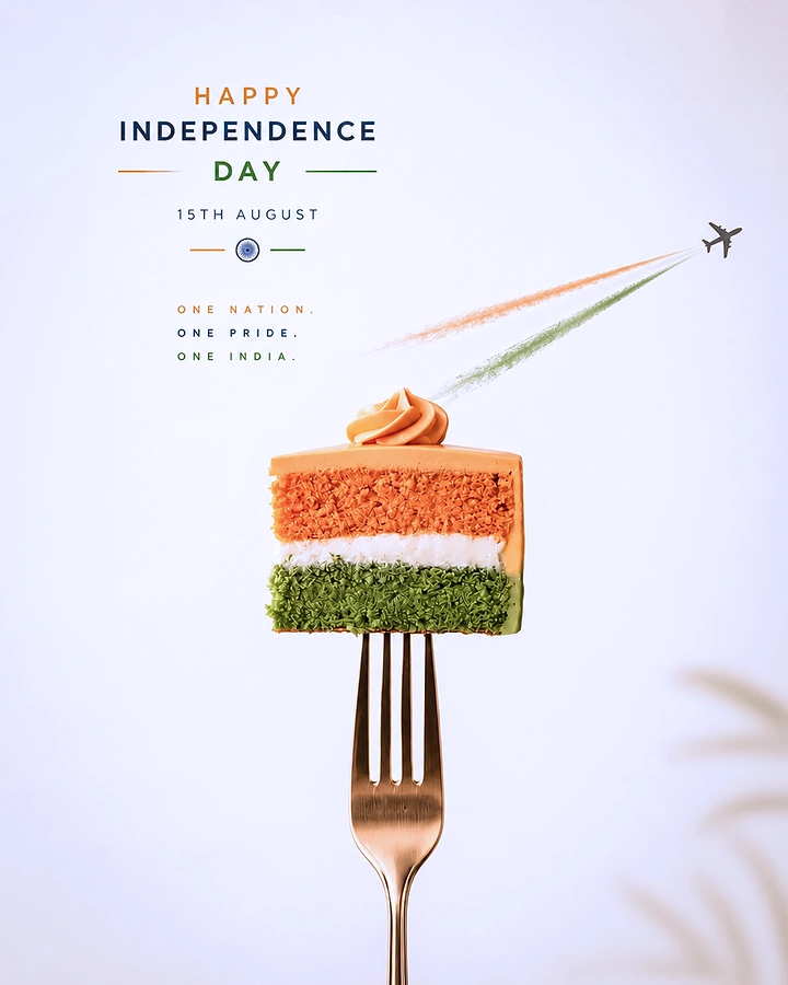Independence Day creative ad: Tricolour layered cake slice on a fork with a plane trailing saffron and green smoke
