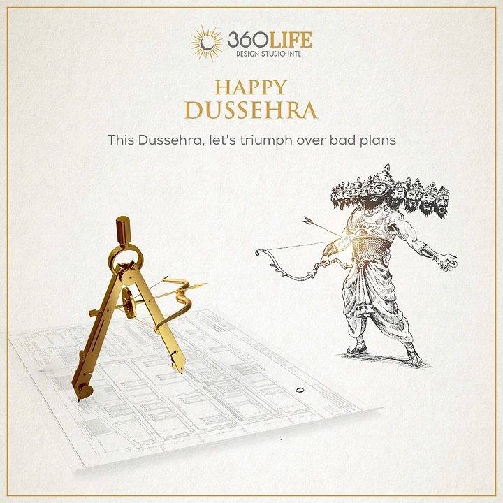 Dussehra creative ad: Gold drafting compass firing an arrow at a pen-sketched Ravana over a blueprint