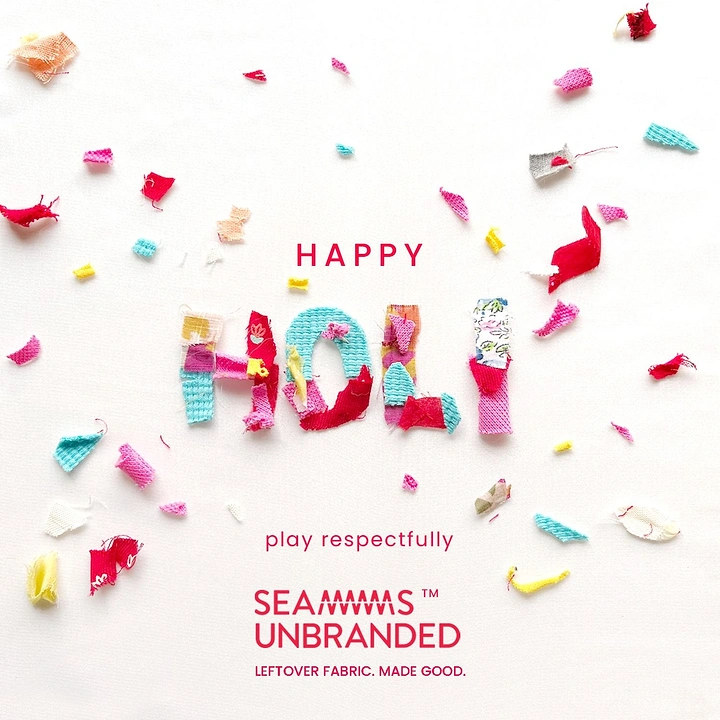 Holi creative ad: The festival word built from colourful leftover fabric scraps