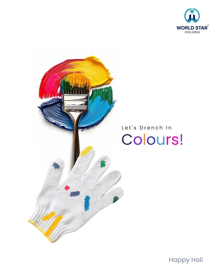 Holi creative ad: Paintbrush over a rainbow paint swirl held by a colour-dotted work glove