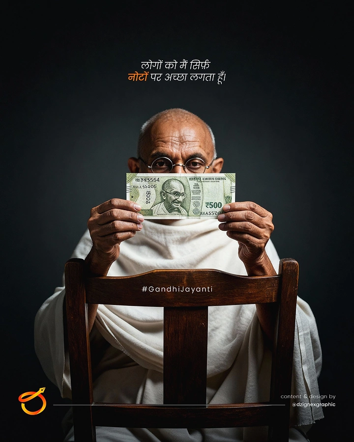 Gandhi Jayanti creative ad: Gandhi lookalike holding a ₹500 note bearing his own portrait over his face