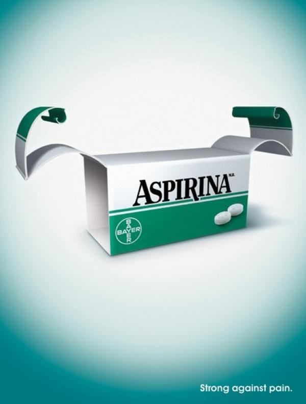 Poster: Aspirin box with its lid flaps curled like flexing biceps