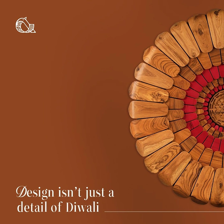 Diwali creative ad: Radial wooden-petal mandala sculpture cropped at the right edge