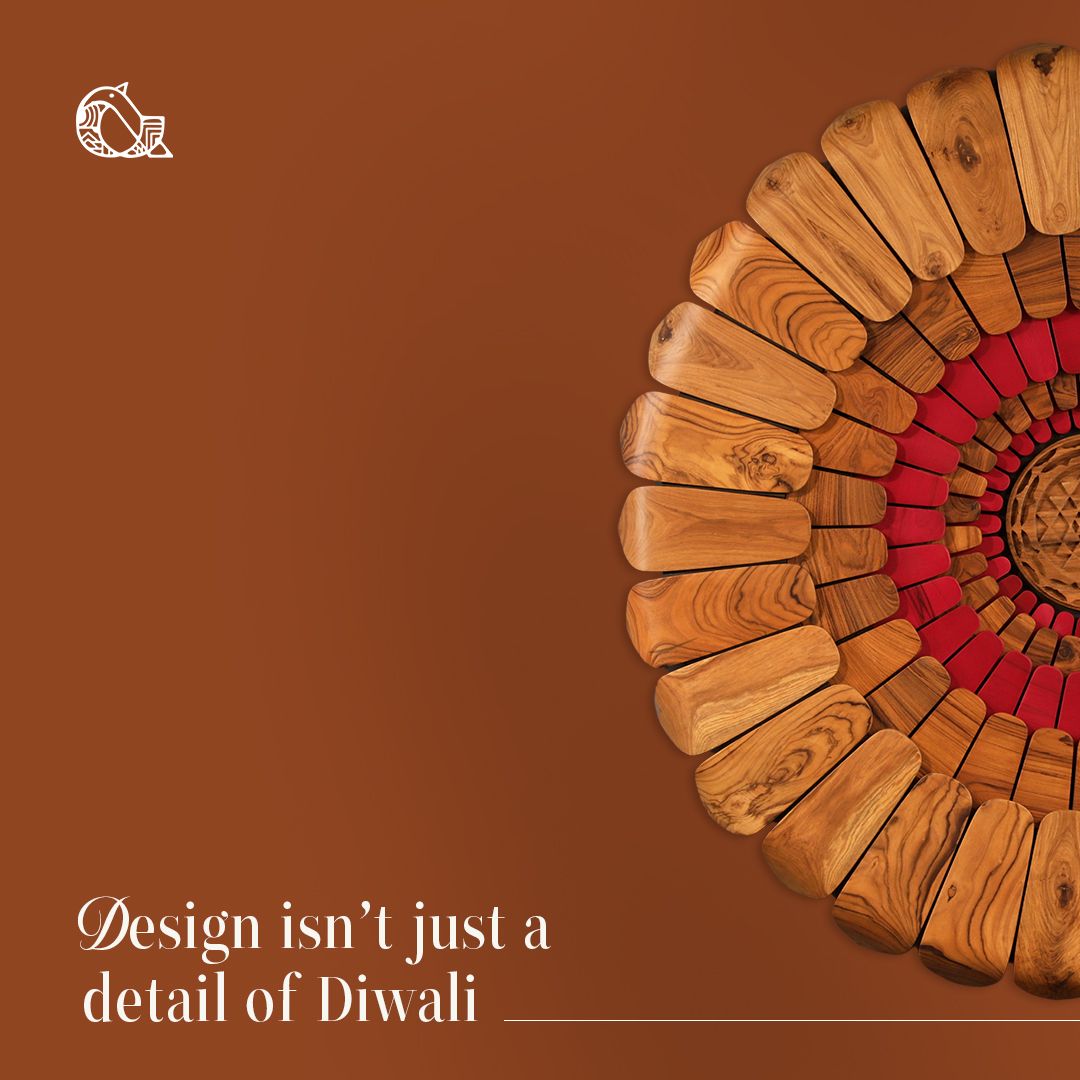 Diwali Instagram post: Radial wooden-petal mandala sculpture cropped at the right edge