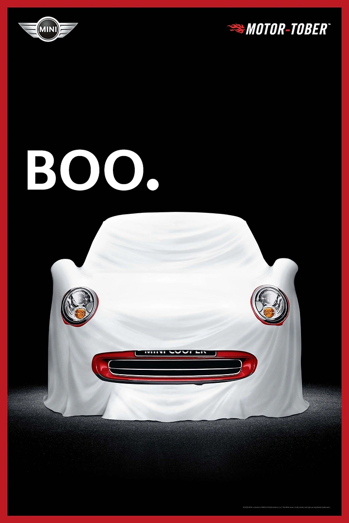 Halloween creative ad: Car draped in white sheet like a ghost, headlights and grille peeking out as a face
