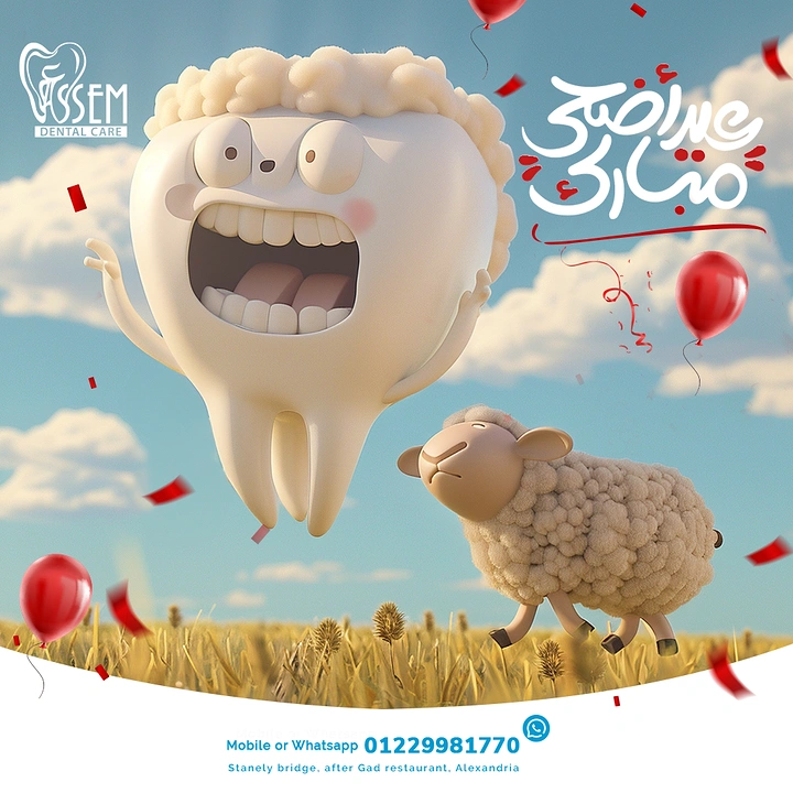 Eid creative ad: Laughing 3D tooth mascot with woolly hair and a sheep