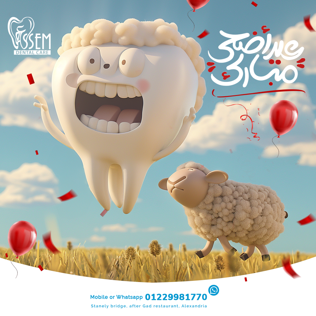 Laughing 3D tooth mascot with woolly hair and a sheep