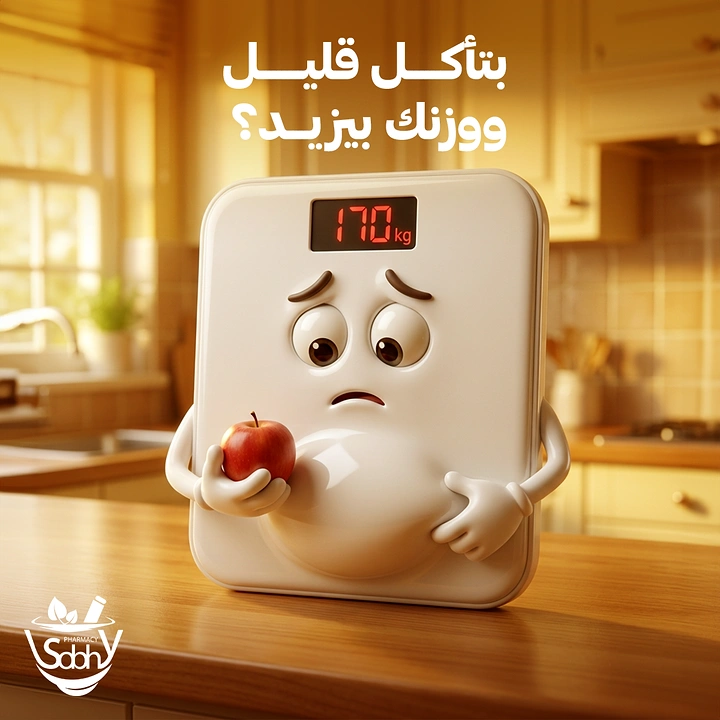 Supplements & Protein creative ad: Worried 3D bathroom-scale character with a belly holding an apple