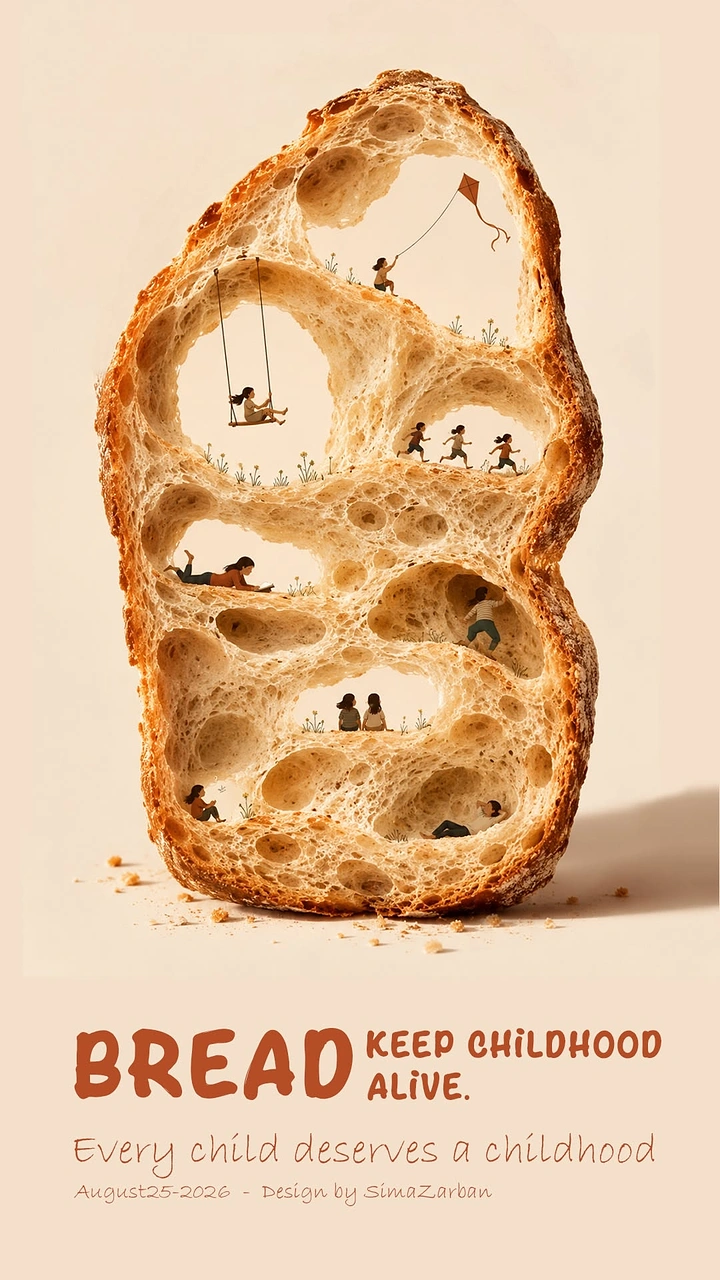Creative ad: Bread slice with tiny children playing inside its holes