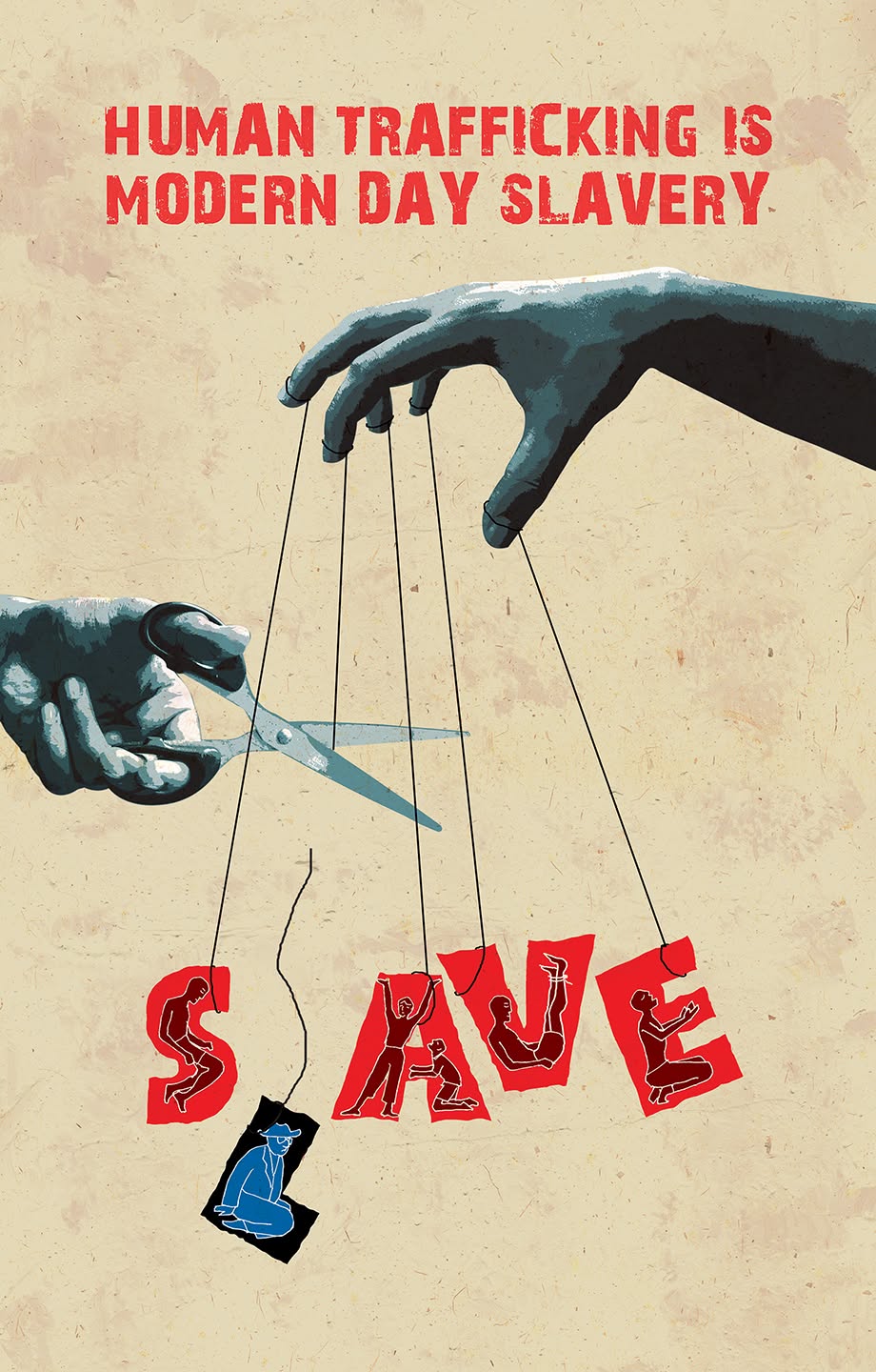 Poster: Puppeteer hand with strings to letters; scissors cut the L to turn SLAVE into SAVE