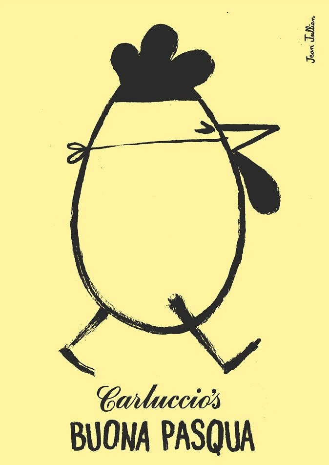 Easter creative ad: Walking egg-shaped hen wearing a bandit mask, drawn in brush ink