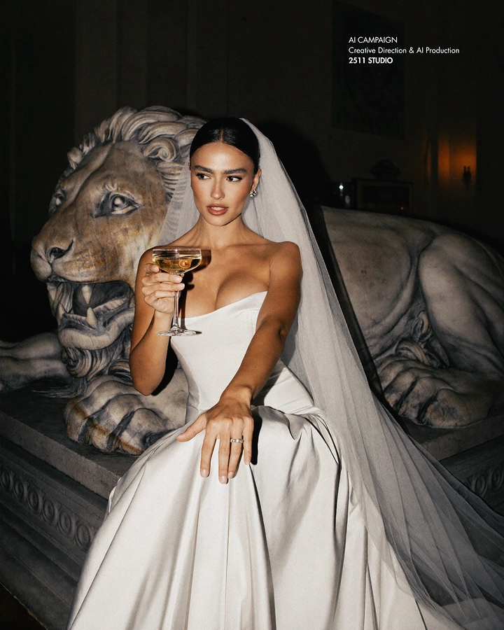 Bridal Wear & Wedding Dresses creative ad: Surreal bride-and-lion power metaphor