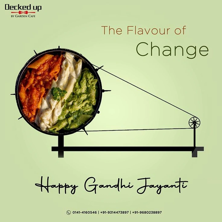 Gandhi Jayanti creative ad: Tricolour pasta bowl forming the wheel of a charkha