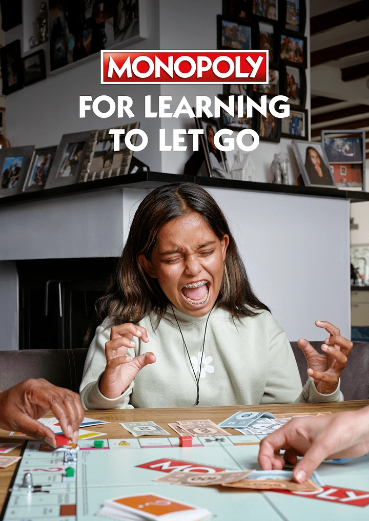 Board Games & Game Cafes creative ad: Monopoly reframed as learning to let go