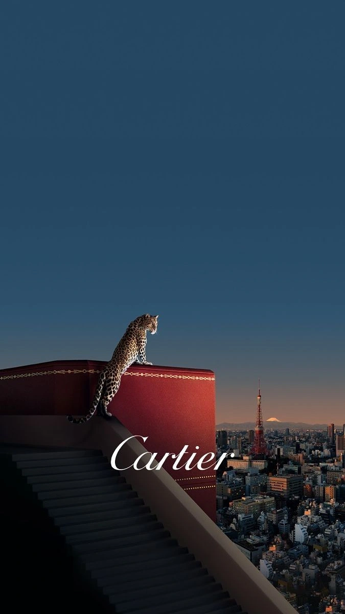 Watches & Accessories creative ad: Panther perched on a giant red jewellery box above a city at dusk