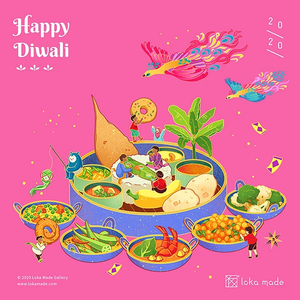 Diwali creative ad: Giant Indian thali with tiny people playing among the dishes