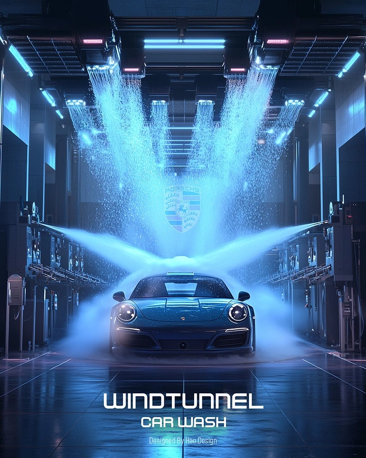 Car Wash & Detailing creative ad: Water sprays styled as wind-tunnel airflow